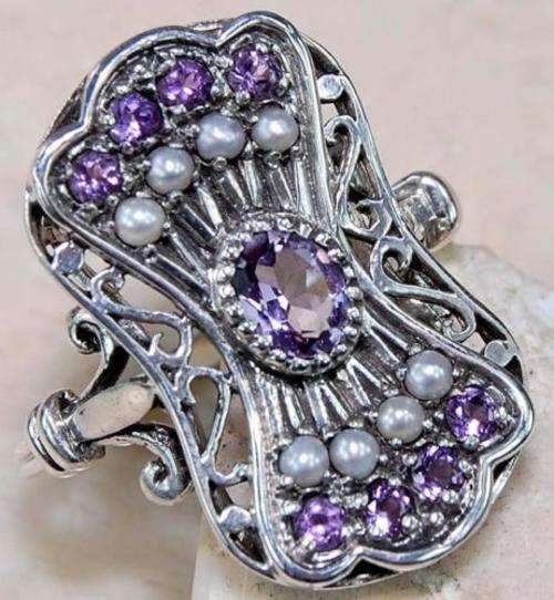 Amethyst seed pearl filigree 925 Sterling silver ring Sale !