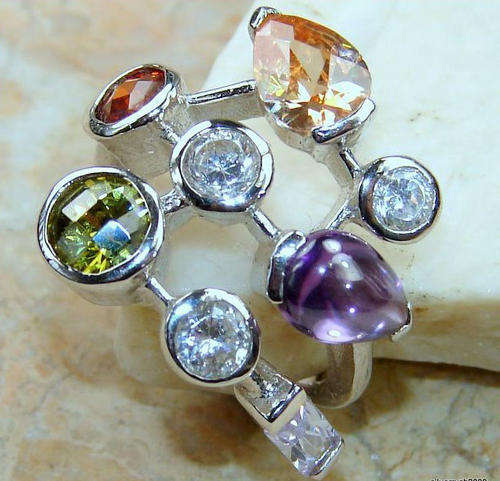 Multigem honey topaz,white topaz,peridot ,amethyst 925 sterling silver size 6.
