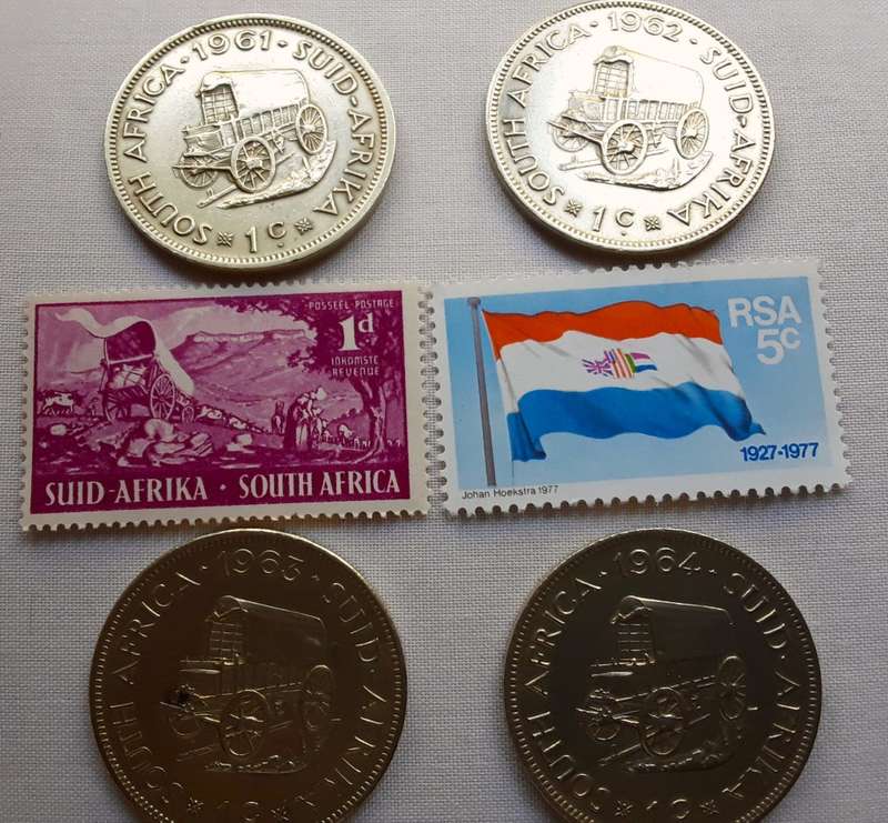 RSA: 1961-1964 Large 1c coins + wagon stamp +RSA stamp. Excellent condition. Mint stamps