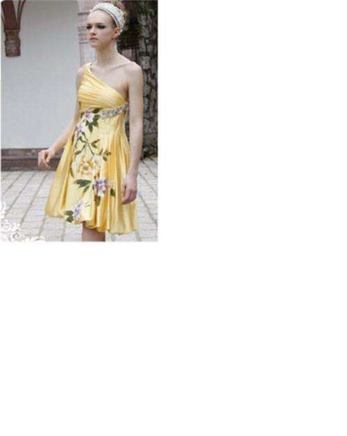 Yellow Satin Handpainted short evening dress
