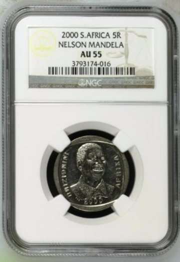 NGC graded AU 55 Year 2000 Mandela R5 / Crazy R1 auction
