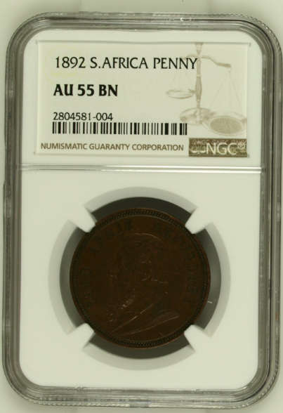 South Africa (ZAR) 1892 Penny AU55BN (NGC)