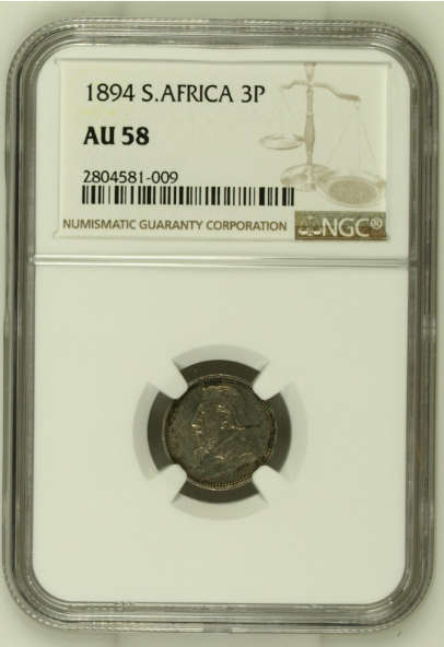 South Africa (ZAR) 1894 Threepence (Tickey) AU58 (NGC)