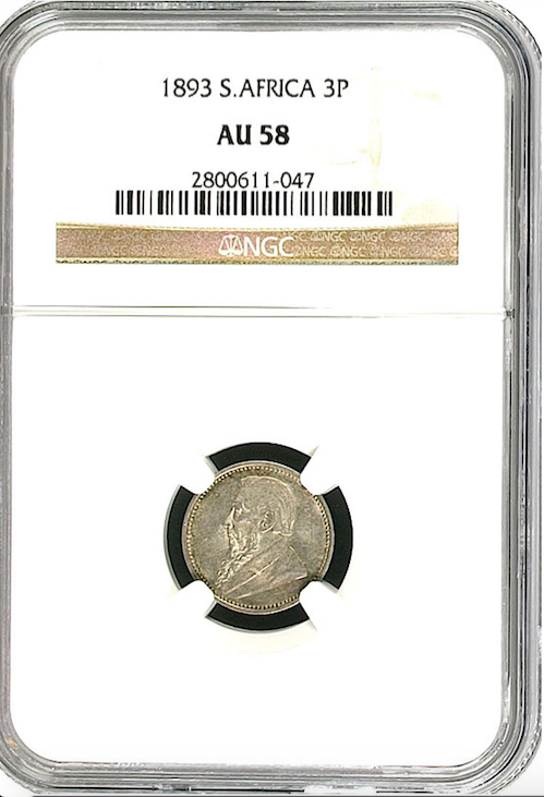 South Africa (ZAR) 1893 Threepence (Tickey) (3 Pence) AU58 (NGC)