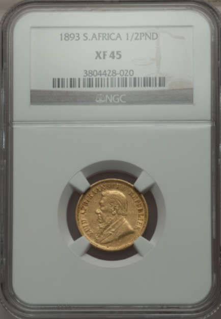 South Africa (ZAR) 1893 1/2 Pond (Half Pond) XF45 (NGC) - Rarest Half Pond!