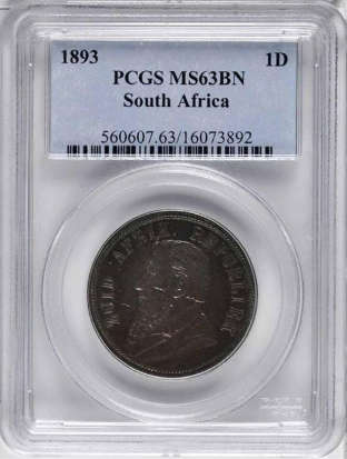 South Africa (ZAR) 1893 Penny MS63BN (NGC)