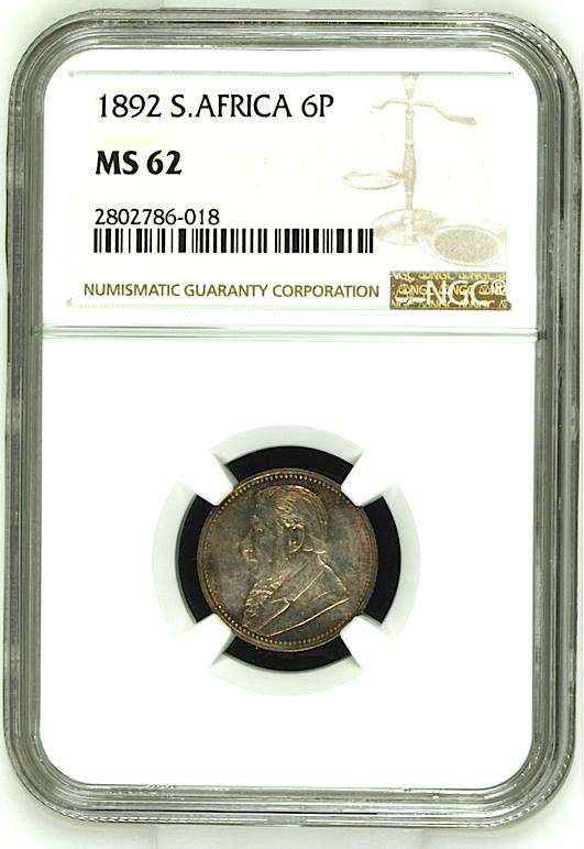 South Africa (ZAR) 1892 Sixpence (6 Pence) MS62 (NGC)