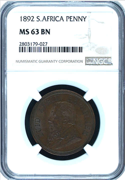 South Africa (ZAR) 1892 Penny MS63BN (NGC)