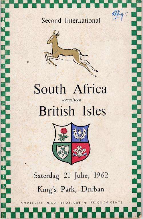 South Africa vs British Isles - Lions rugby programme. 21 July 1962 Kings Park Durban.