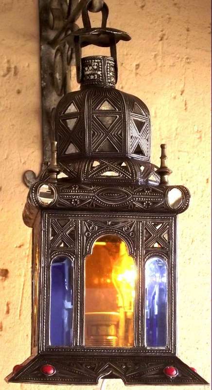 Handmade Moroccan Imported Yellow and Blue Glass Standing or Hanging Lantern Large - 43 x 21 x 21 cm