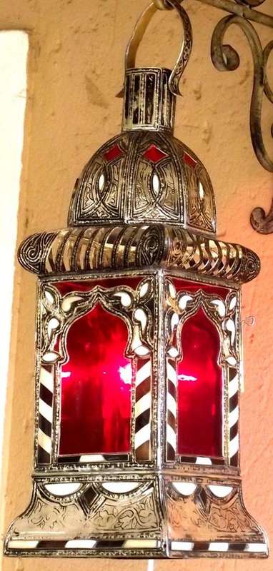 Handmade Imported Moroccan!! Large red window and black & white bone door lantern - 51 x 17 cm