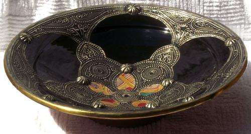 Handmade Moroccan Imported Medium decorative black bowl with metal and leather - 35 x 8 cm
