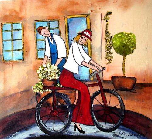 Lady on bicycle infront of flowershop painting - 650mm x 650mm