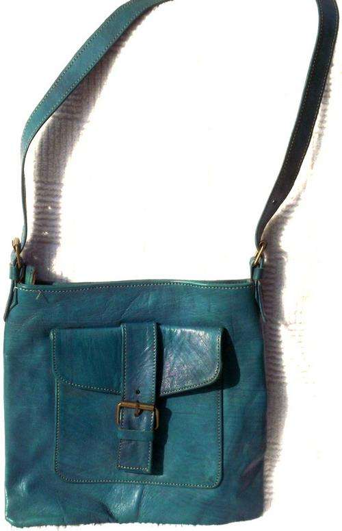 Handmade Moroccan Imported Blue Leather Handbag with buckle front- 27 x 25 cm