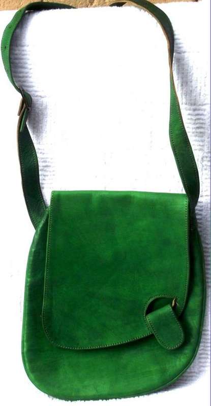 Handmade Moroccan Imported Green leather with flap handbag - 30 x 25 cm