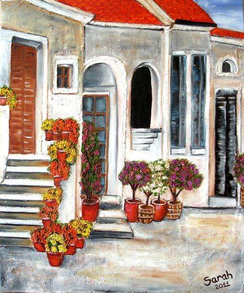 Flower pot street scene painting - 60 x 50 cm