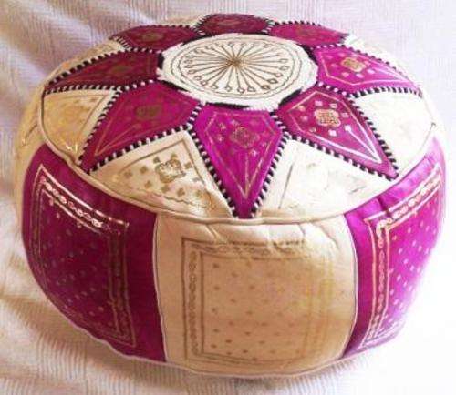 Authentic Handmade Moroccan Imported Leather round pink and gold decorated pouffe - 50 x 30cm