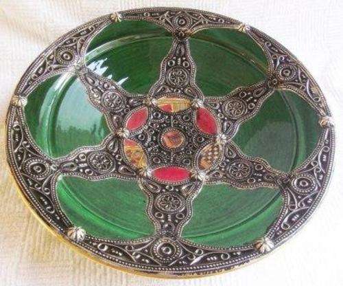 Handmade Moroccan Imported Green metal decorated wall plate - 41 x 8cm