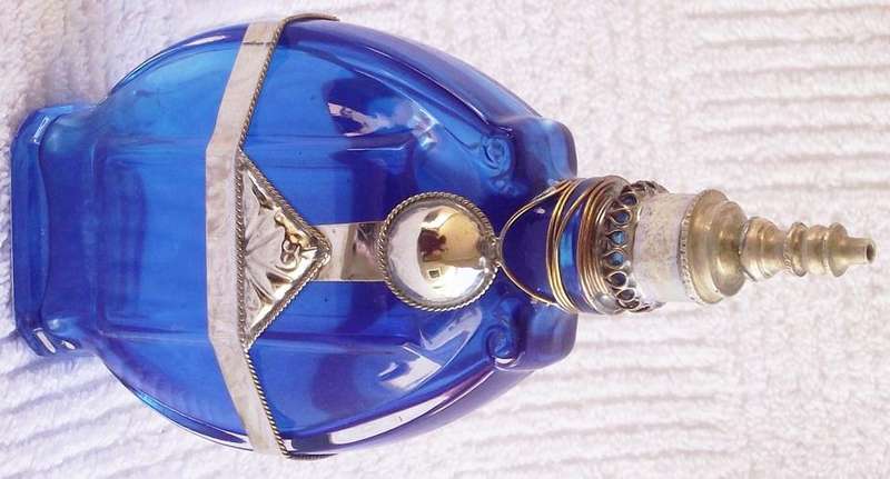 Handmade Imported Moroccan!! Blue decorative circle and triangle metal perfume bottle - 17 x 8 cm