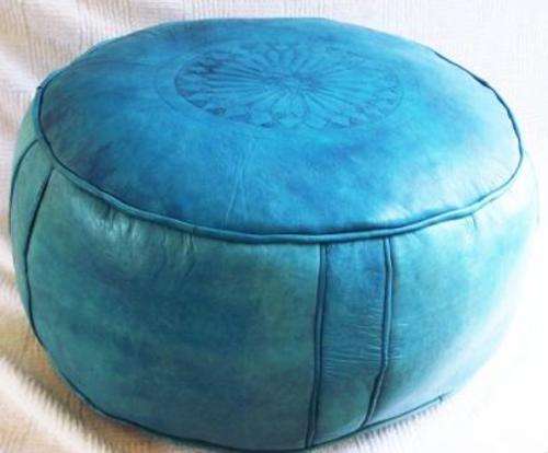Authentic Handmade Moroccan Imported Leather round light blue pouffe - 50 x 30cm