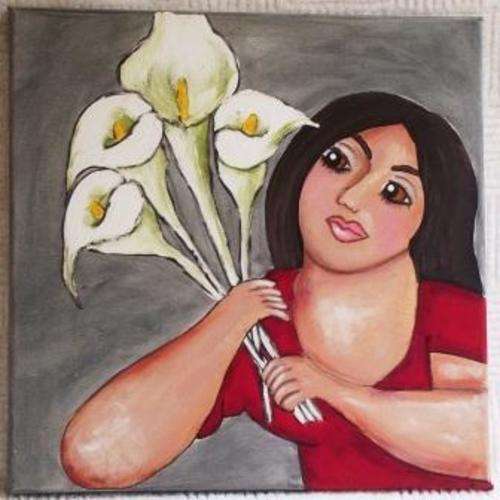 Lady with Arum Lilies painting 30 x 30 cm