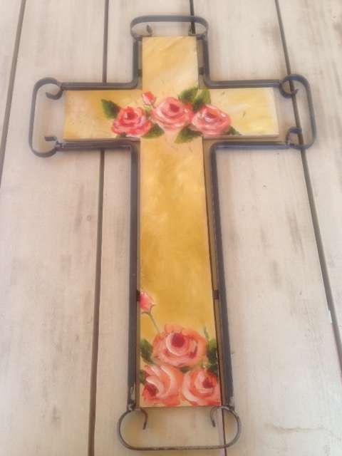 Large Painted Wood and Metal Cross - 73 x 48 cm