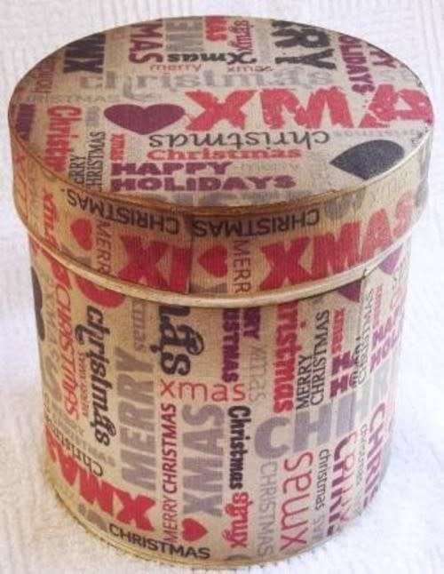 Large Xmas biscuit material covered tin - 19 x 17 cm