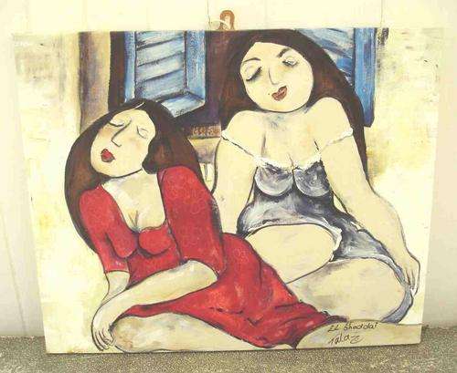 Two ladies with red and grey dress painting