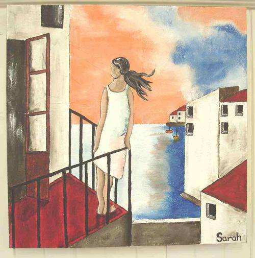 Lady on balcony painting - 50 x 50 cm