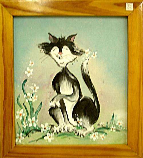 FRAMED Black and white cat painting - 40 x 44 cm
