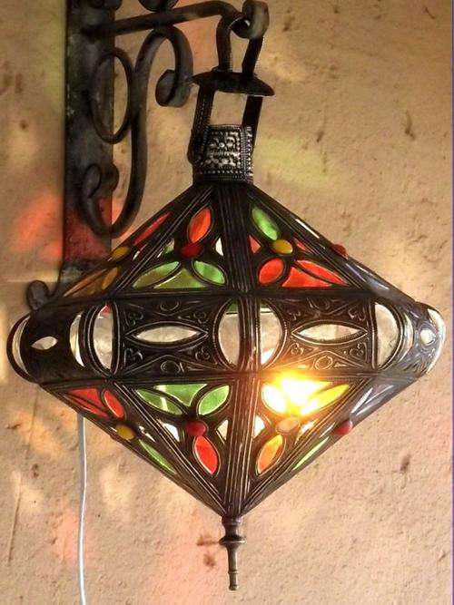Handmade Moroccan Imported detailed metal green red and yellow glass lantern- 40 x 30 cm