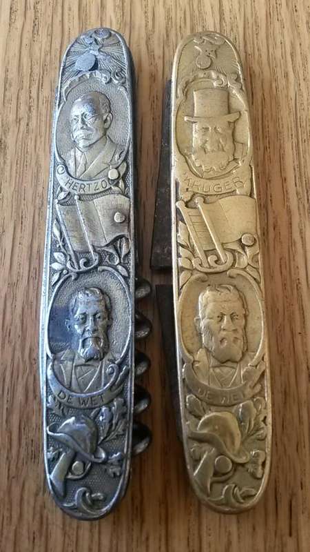 Very old set of Transvaal knives depicting HERTZOG, DE WET, KRUGER.