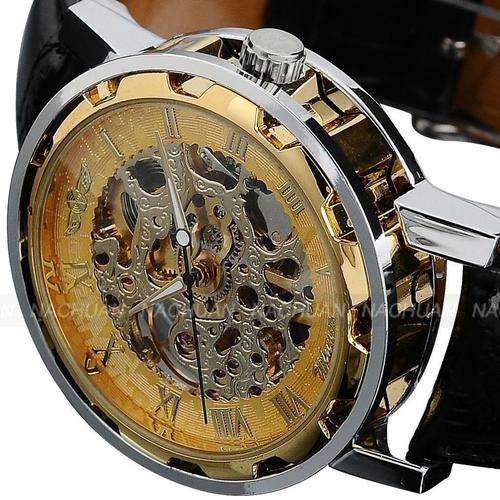 Classic Mens Watch | Black Leather Gold Dial Skeleton Mechanical Sport Army Wrist Watch