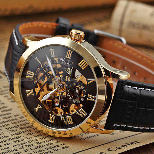 New Gold Case Men Hollow Skeleton Automatic Mechanical Leather Wrist Watch