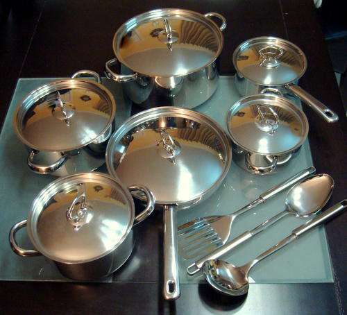15 PIECES STAINLESS STEEL, HEAVY BOTTOM COOKWARE SET WITH STAINLESS LID.