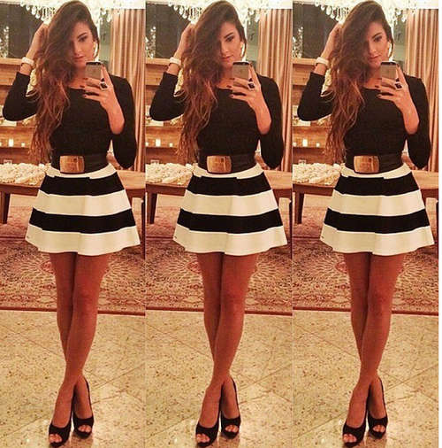 Spring Autumn Long Sleeve O-Neck Slim Fit Stripe Women Sexy Mini Dress