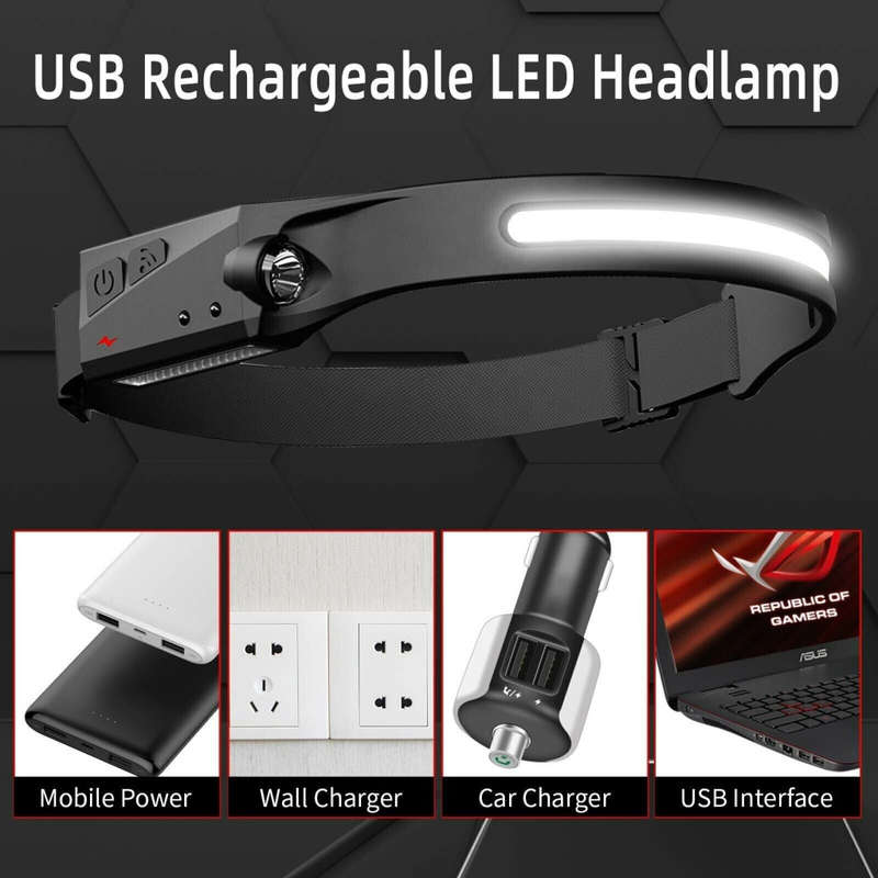USB rechargeable induction headlight work light strip headband light suitable for helmets