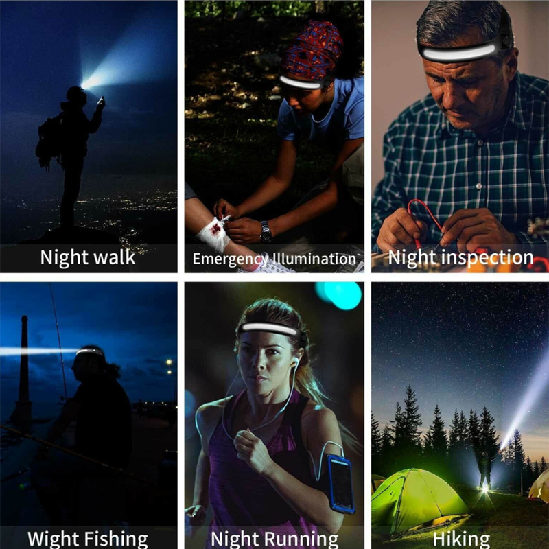 USB rechargeable induction headlight work light strip headband light suitable for helmets