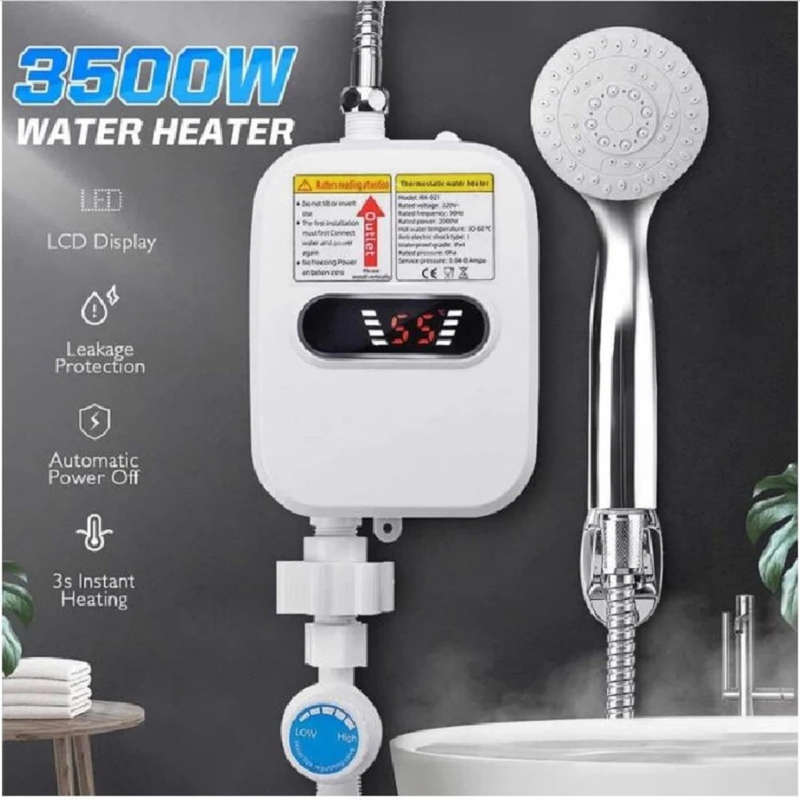 3500W Electric Tankless Water Heater Shower Head Set, Instant Hot Water Heater LCD Display, White