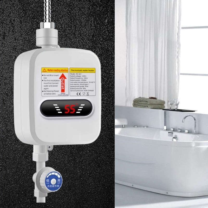 3500W Electric Tankless Water Heater Shower Head Set, Instant Hot Water Heater LCD Display, White
