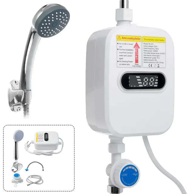 3500W Electric Tankless Water Heater Shower Head Set, Instant Hot Water Heater LCD Display, White