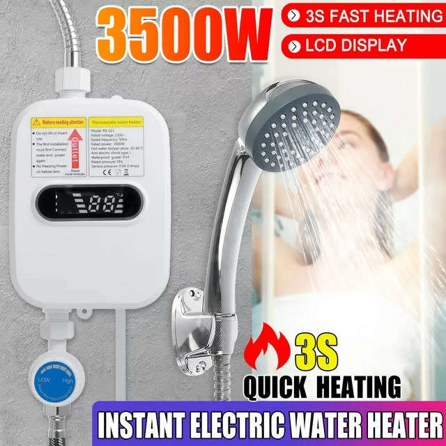 3500W Electric Tankless Water Heater Shower Head Set, Instant Hot Water Heater LCD Display, White