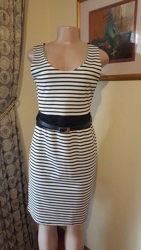 Black & white striped dress with black belt