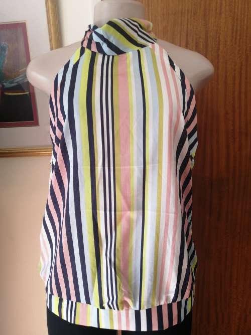 Halter neck printed multi-color stripe sleeveless top