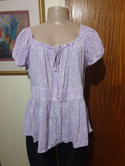 Lilac Print Puff Sleeve Peplum Blouse