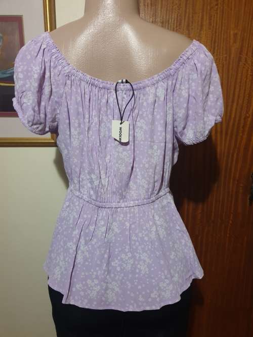 Lilac Print Puff Sleeve Peplum Blouse