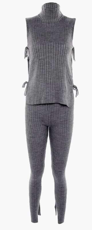 Trendyol Grey Ribbed High Neck Top and High Waist Leggings