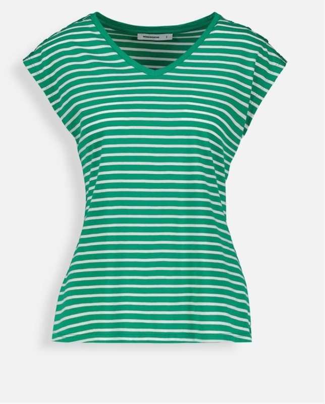 Green Striped V-neck Slub Cotton T-shirt