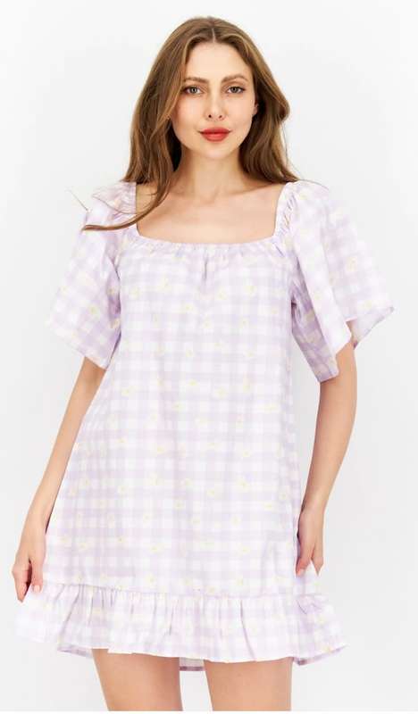 Wednesday Girl Women Printed Mini Dress, Lavender/White