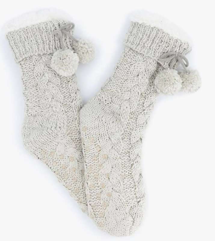 Grey Melange Pom Pom Cable Knit Slipper Socks